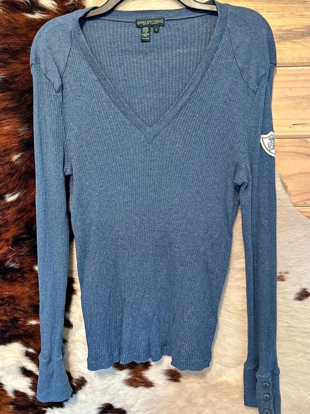 Lauren Jeans Company Ribbed V-Neck Long Sleeve in Blue XL Like New